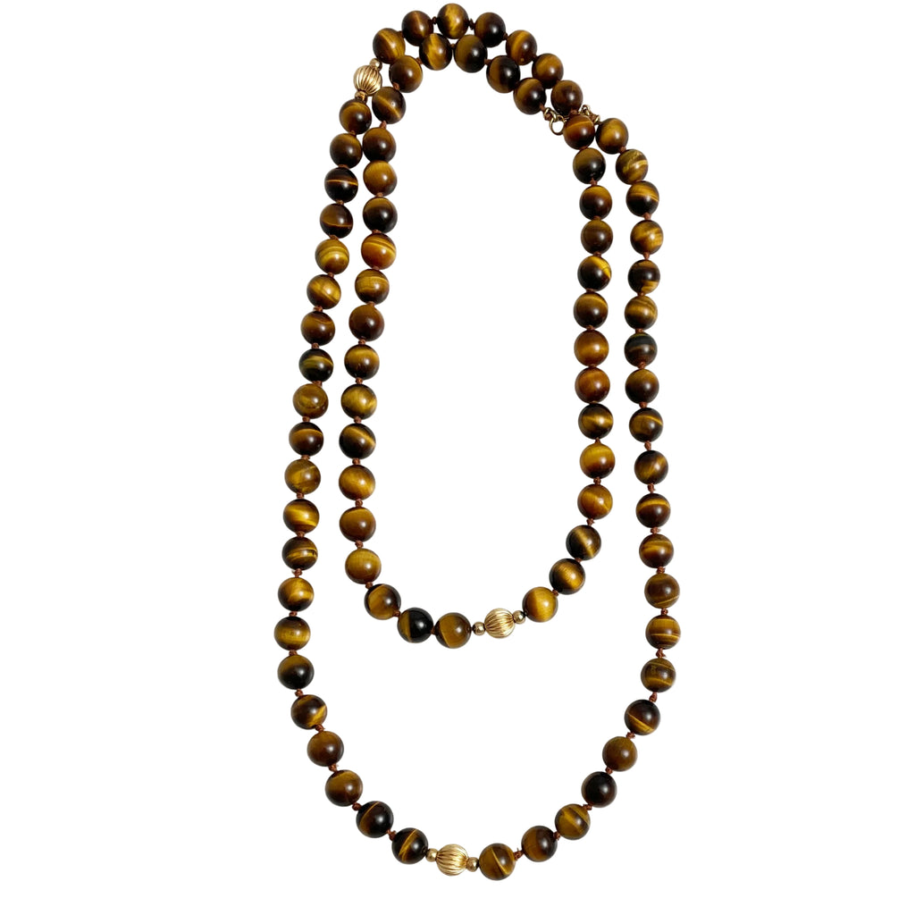 Long Tiger's Eye Knotted Bead Necklace 14K Gold Clasp