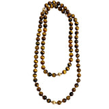 Long Tiger's Eye Knotted Bead Necklace 14K Gold Clasp