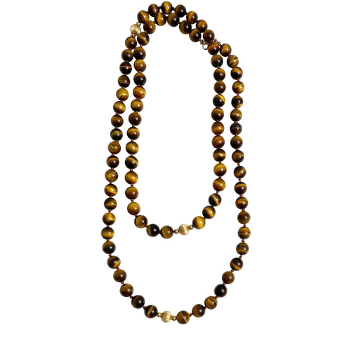 Long Tiger's Eye Knotted Bead Necklace 14K Gold Clasp