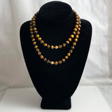 Long Tiger's Eye Knotted Bead Necklace 14K Gold Clasp
