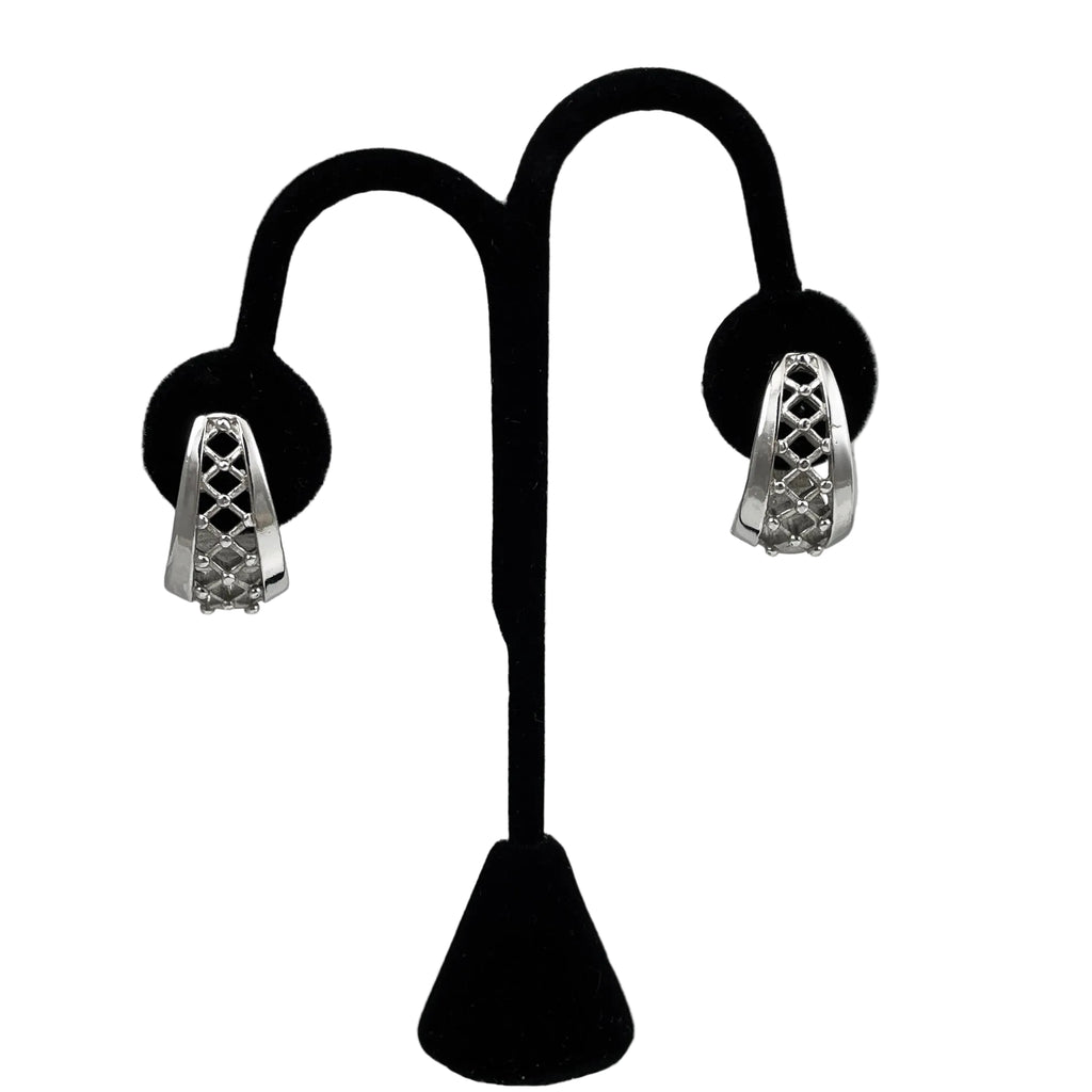 Trifari Silver Lattice Hoop Clip On Earrings Vintage