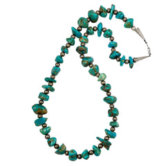 Turquoise & Silver Bead Necklace Navajo Long 30 inch Vintage