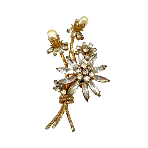 Vendome Rhinestone & Pearl Floral Brooch Vintage