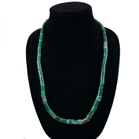 Antique Green Watermelon Chevron Trade Beads Necklace