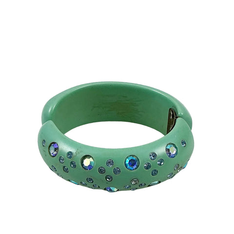 Weiss Turquoise Green Rhinestone Clamper Bracelet 1950's Signed