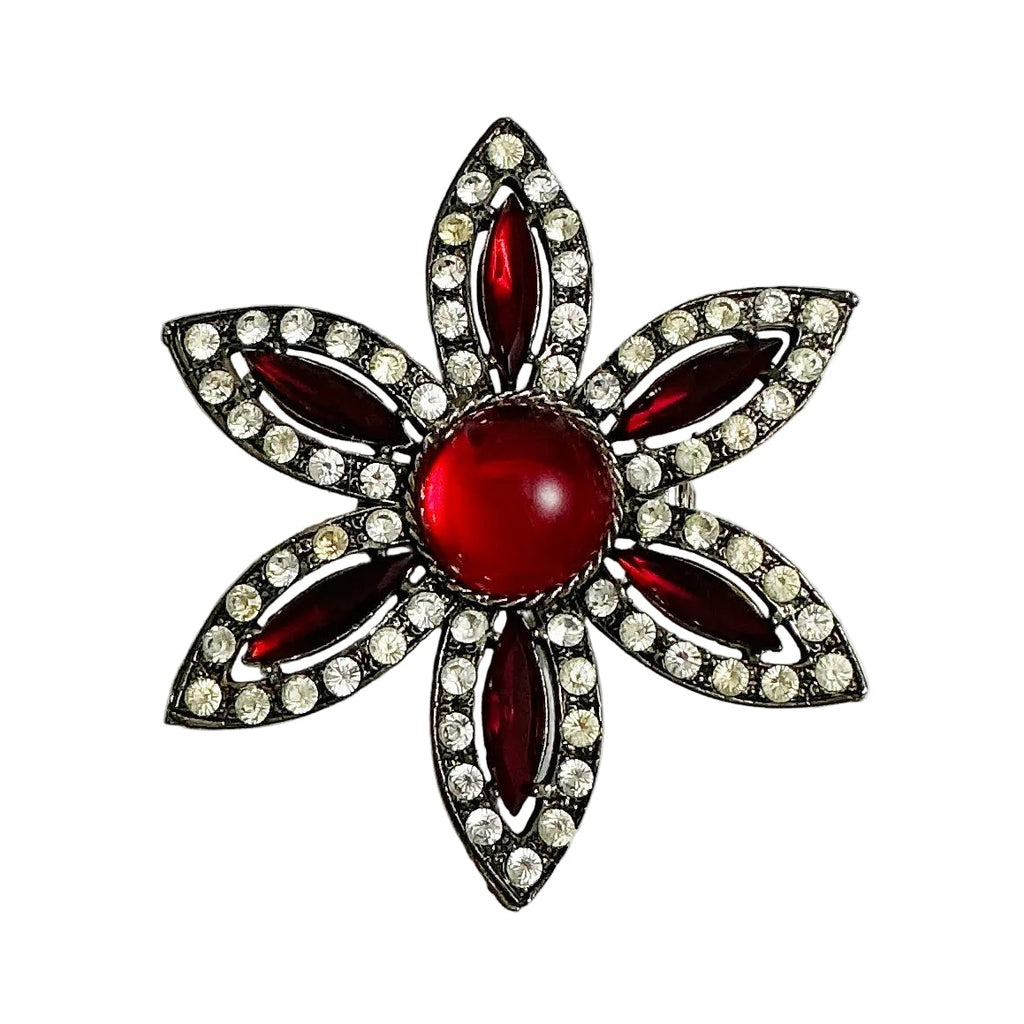 Weiss Red Rhinestone Floral Brooch Vintage