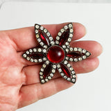 Weiss Red Rhinestone Floral Brooch Vintage