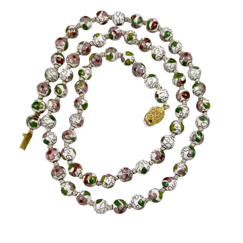 White Cloisonne 8mm Beaded Necklace Vintage