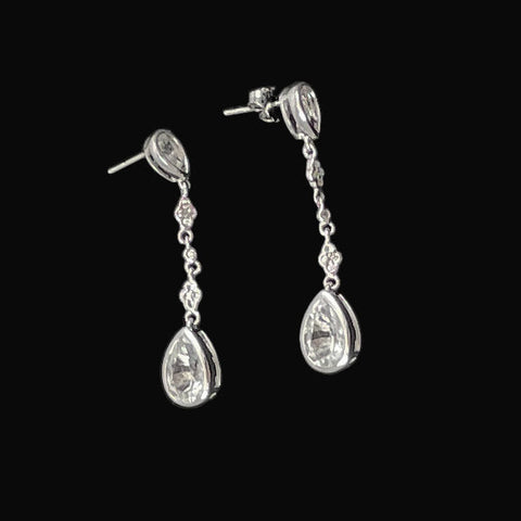 14K White Gold & White Topaz Long Drop Earrings