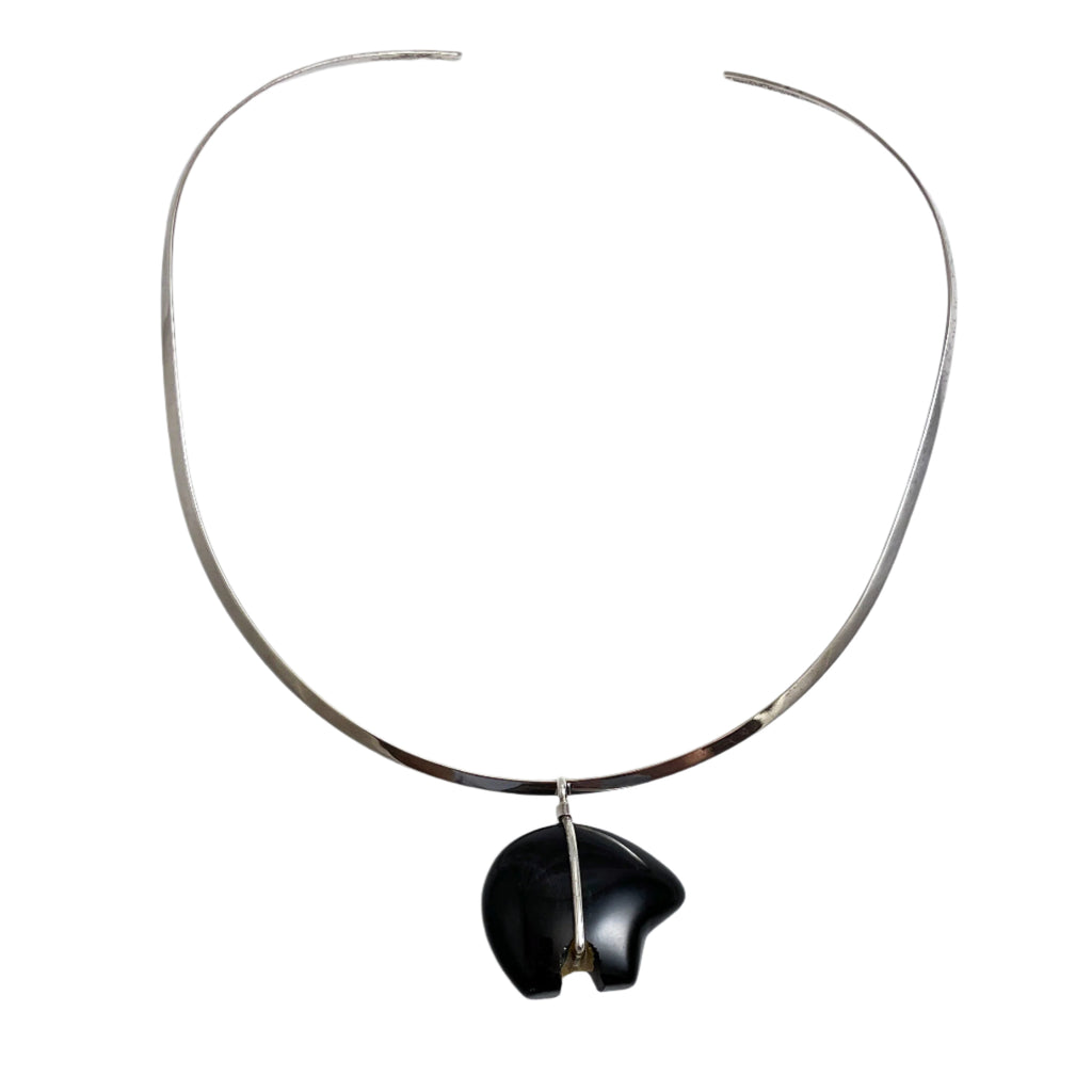 Zuni Black Jade & Sterling Silver Bear Pendant Necklace