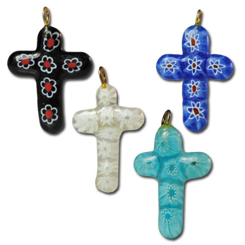 Four Millefiori Glass Cross Pendants 