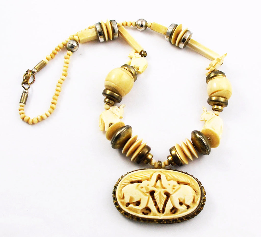 Vintage Carved Bone Elephant Necklace