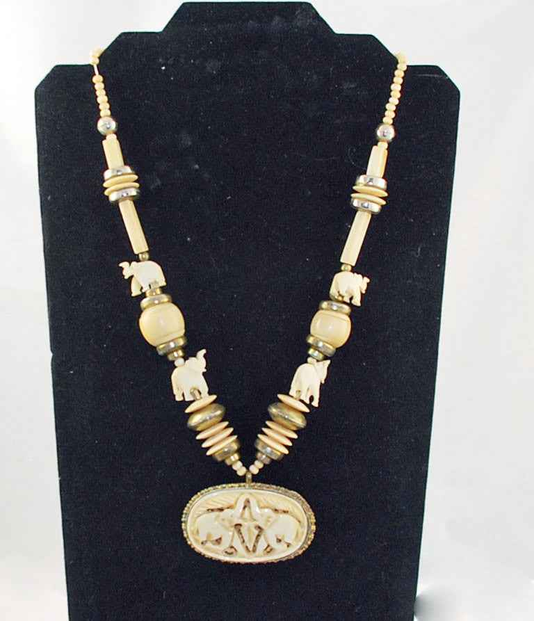 Vintage Carved Bone Elephant Necklace – Estate Beads Jewelry