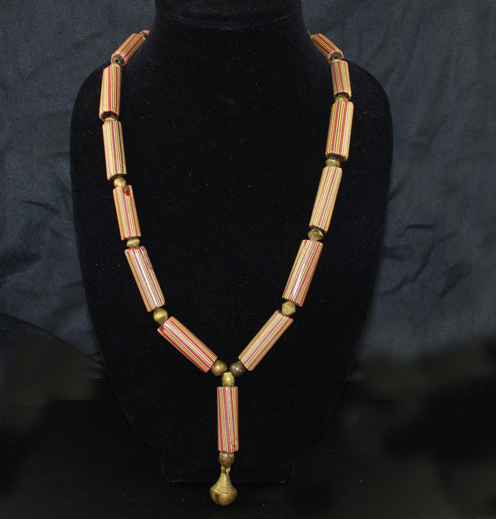 African Chevron Trade Bead & Brass Necklace