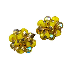 Coro Yellow Beaded Cluster Earrings Clip On