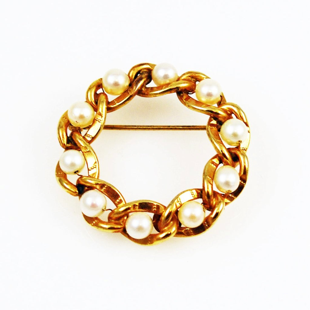 Gold Pearl Circle Pin Brooch Vintage