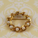 Gold Pearl Circle Pin Brooch Vintage