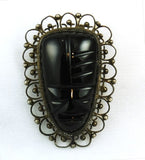 Sterling Mexican Obsidian Mask Brooch Vintage 