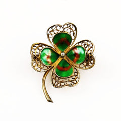 Vintage Plique-á-jour Enamel Four Leaf Clover Brooch