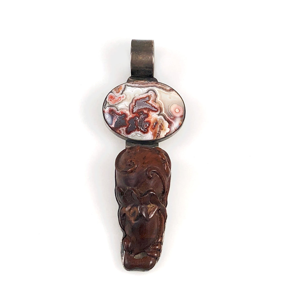 Sterling Chinese Carved Wood Rat & Agate Pendant