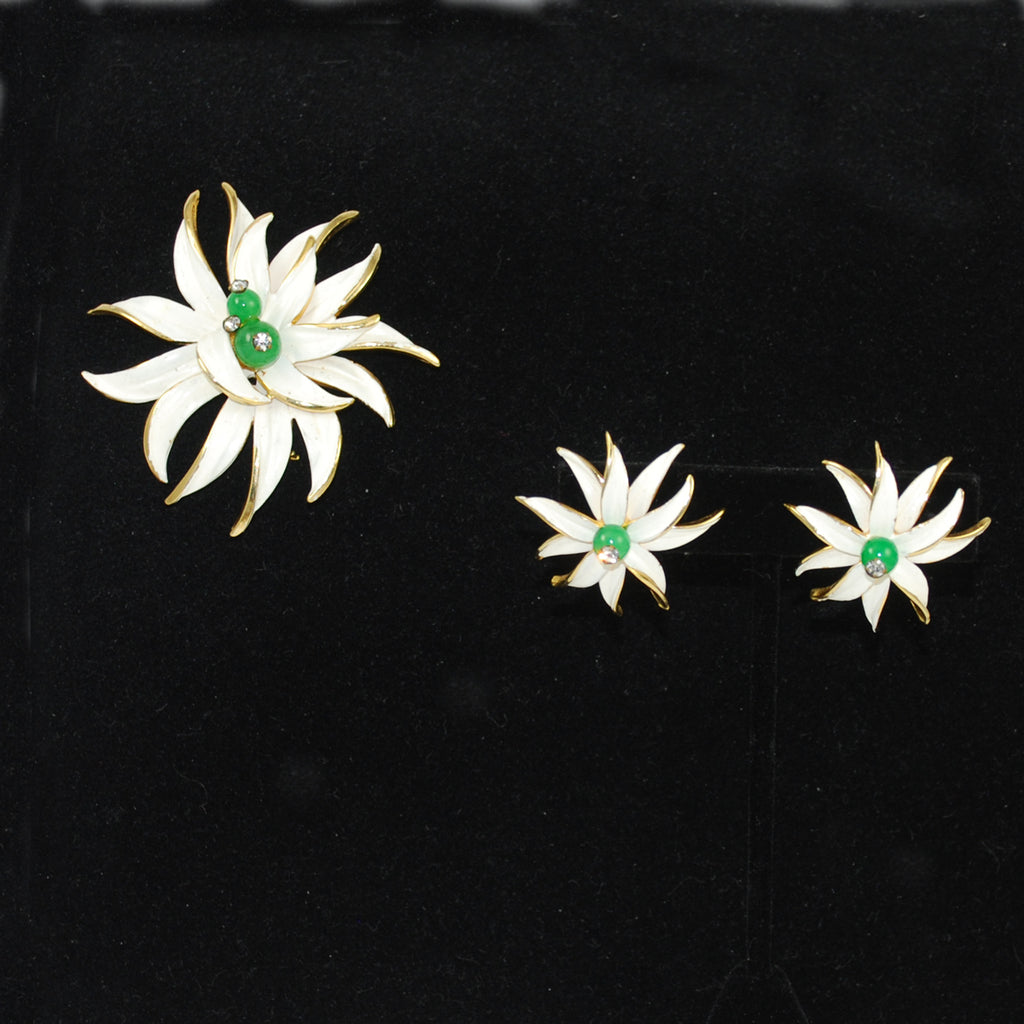 White Enamel Anemone Brooch & Earrings Set Vintage