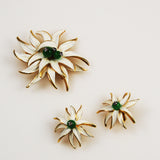 White Enamel Anemone Brooch & Earrings Set Vintage