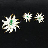 White Enamel Anemone Brooch & Earrings Set Vintage
