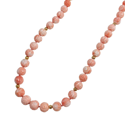 Carved Angel Skin Coral Necklace 14k Gold Beads & Clasp – Estate