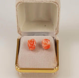 Pink Carved Coral Earrings 14Kt Gold Posts in gift box