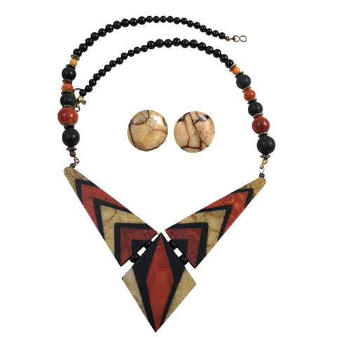 Modern Coral Geometric Necklace & Earring Set Vintage