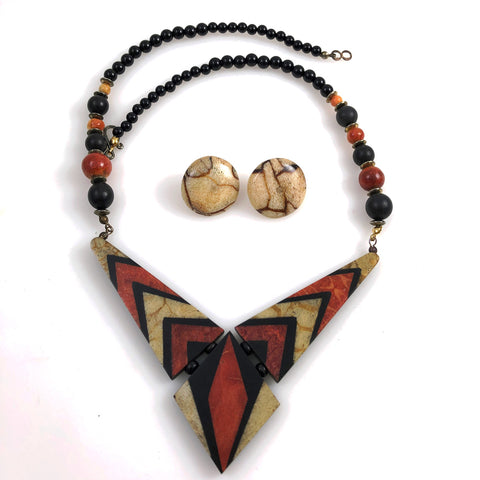 Modern Coral Geometric Necklace & Earring Set Vintage