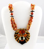 Apple Coral Lion Pendant Necklace Vintage