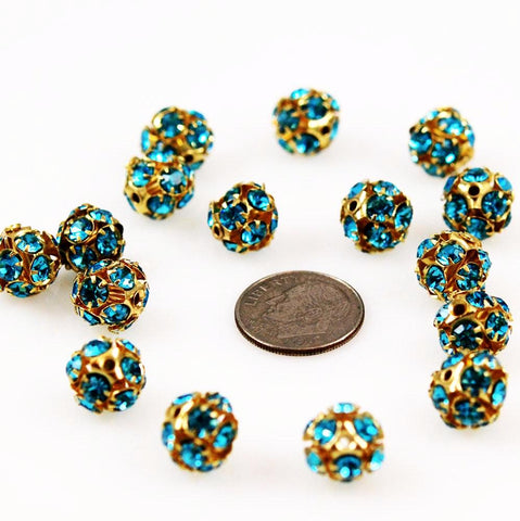 Swarovski 10mm Aquamarine Rhinestone Crystal Balls Gold Plated