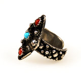 Turquoise , Coral & Silver Bali Ring