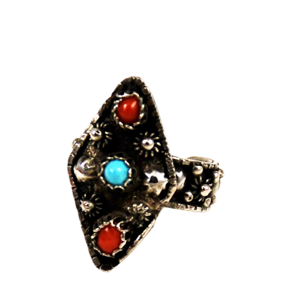 Gemstone Turquoise Coral & Silver Bali Ring