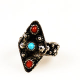 Turquoise , Coral & Silver Bali Ring