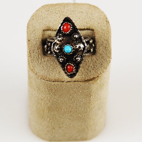 Turquoise , Coral & Silver Bali Ring