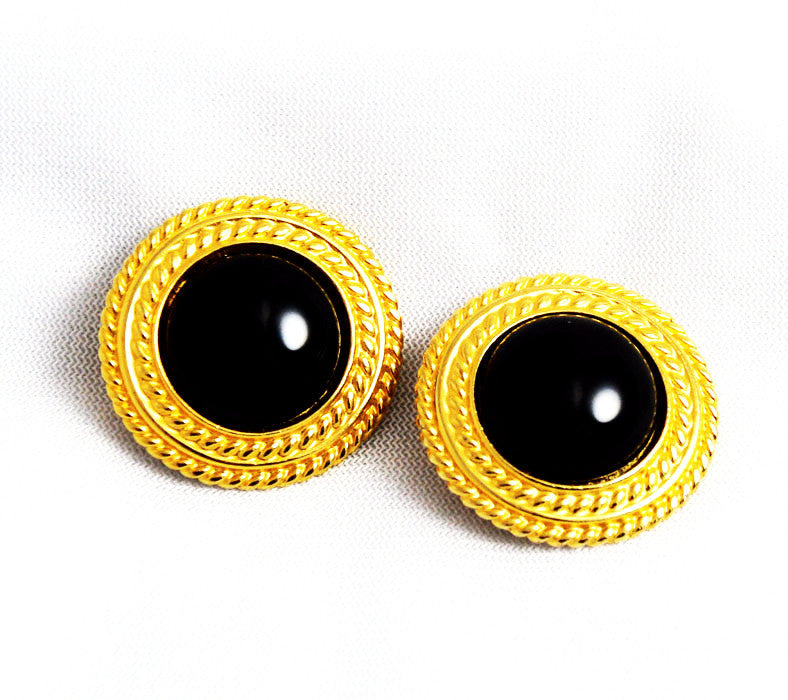 Ben-Amun Black and Gold Round Clip Earrings Vintage