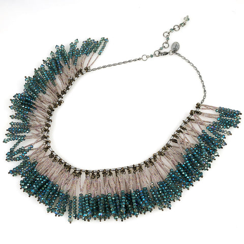 Blue Fringe Beaded Necklace by Berry