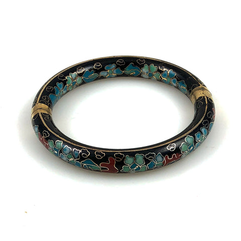 Black Cloisonne Floral Bangle Bracelet Hinged