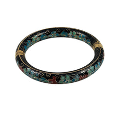 Black Cloisonne Floral Bangle Bracelet Hinged