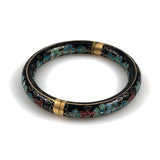 Black Cloisonne Floral Bangle Bracelet Hinged