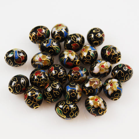Black Cloisonne 10mm Oval Beads Vintage Chinese