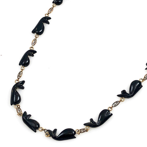 Black Coral Whale & Gold Necklace Vintage