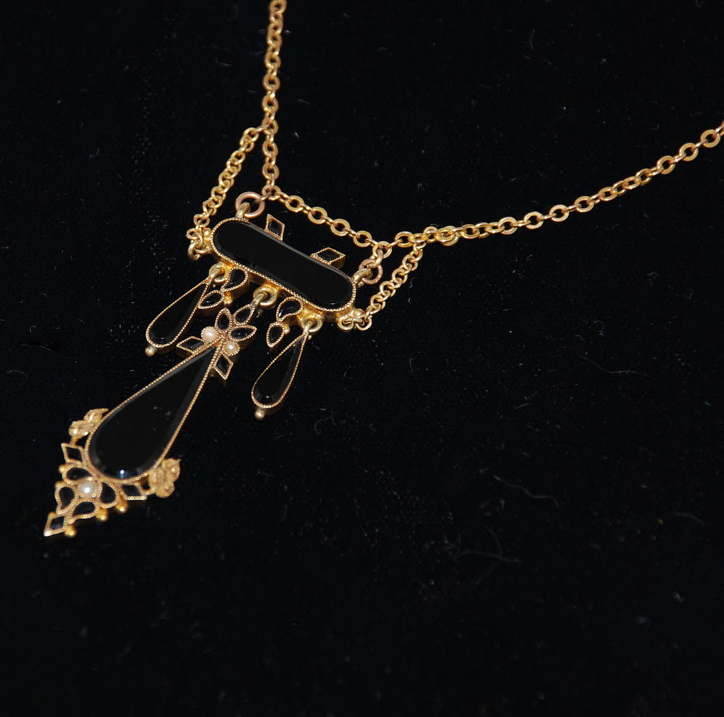 Gold Antique Edwardian Jet and Pearl Lavalier Necklace
