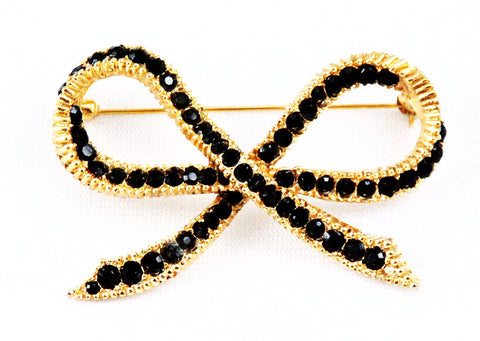 Black Rhinestone Crystal Bow Brooch Vintage