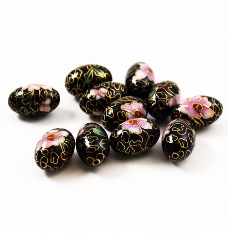 Cloisonne Black Oval Beads Vintage Chinese