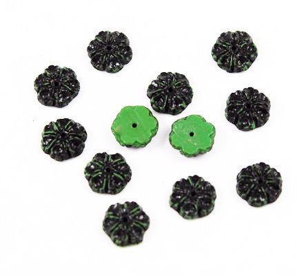 Green & Black Glass Floral Beads 