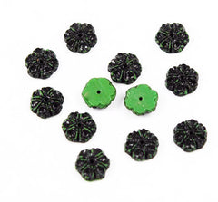 Green & Black Glass Floral Beads - Vintage 12 beads