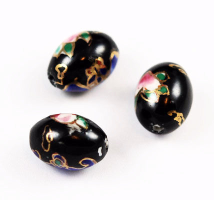 Black Floral Oval Porcelain Beads